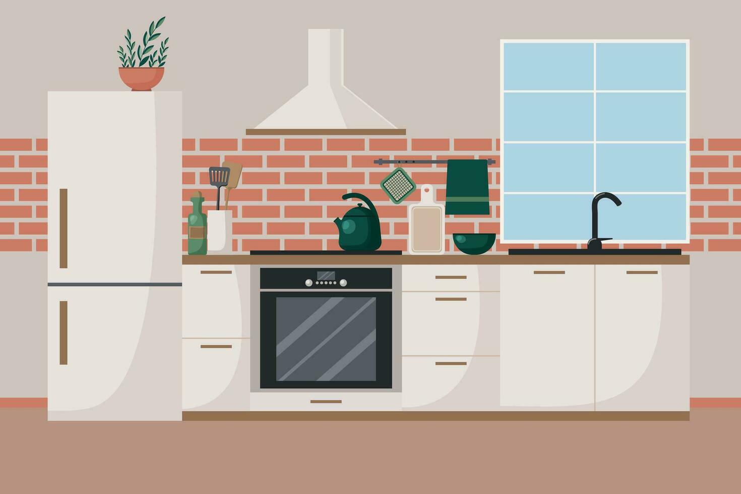 intérieur conception vecteur illustration. cuisine dans lumière couleurs avec brique mur.