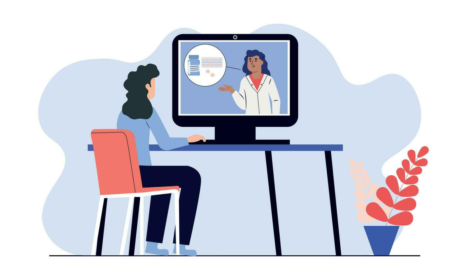 en ligne rendez-vous avec une médecin. en ligne consultation avec une médecin. vecteur illustration de médecin et patient réception. médecin et patient.