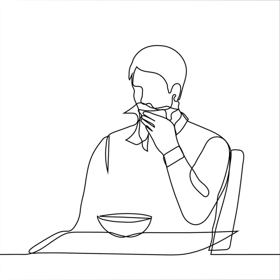 homme lingettes le sien bouche avec une tissu après en mangeant - un ligne dessin. une homme est assis à une table plus de une rond Profond assiette et lingettes le sien visage avec une cuisine serviette de table vecteur