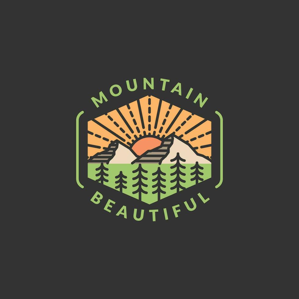 Montagne aventure Extérieur badge vecteur illustration avec monoline ou ligne art style