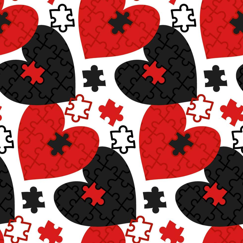 sans couture modèle avec une en forme de coeur puzzle et coloré disparu les pièces. rouge noir blanc couleurs. la Saint-Valentin journée. collecter, recherche, construire. correspondant à énigmes. aimer, construire des relations, choisir en haut vecteur