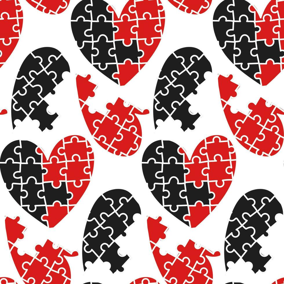 sans couture modèle avec en forme de coeur puzzle moitiés et coloré disparu les pièces. rouge noir blanc couleurs. la Saint-Valentin journée. collecter, recherche, construire. correspondant à énigmes. aimer, construire des relations, choisir en haut vecteur