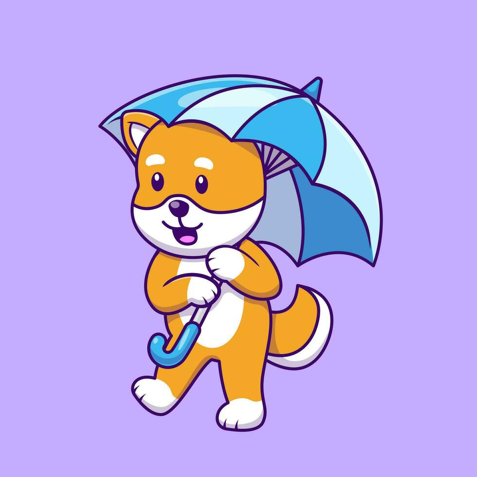 mignonne shiba inu en portant parapluie dessin animé vecteur Icônes illustration. plat dessin animé concept. adapté pour tout Créatif projet.