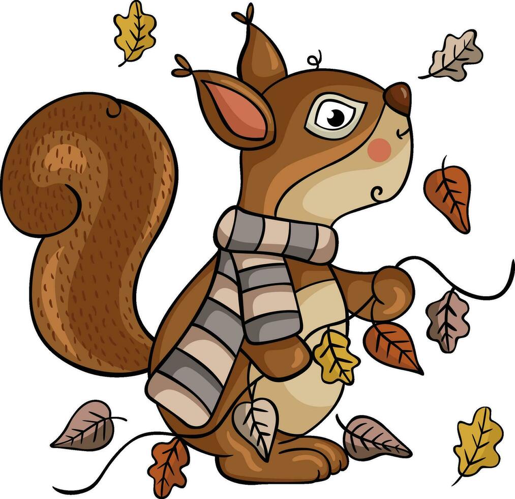 l'automne écureuil avec tomber feuilles dans griffonnage style vecteur