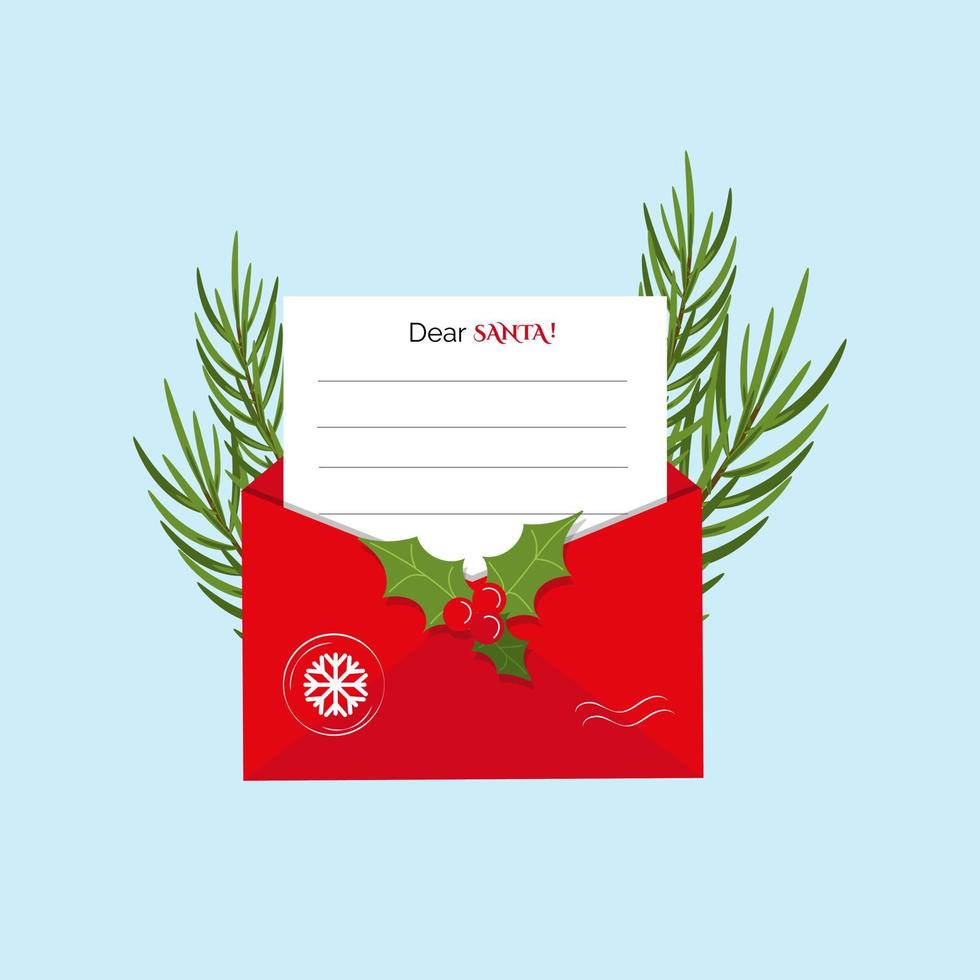 le concept de noël d'une lettre au père Noël. enveloppe postale rouge, branche de sapin. illustration vectorielle plane vecteur