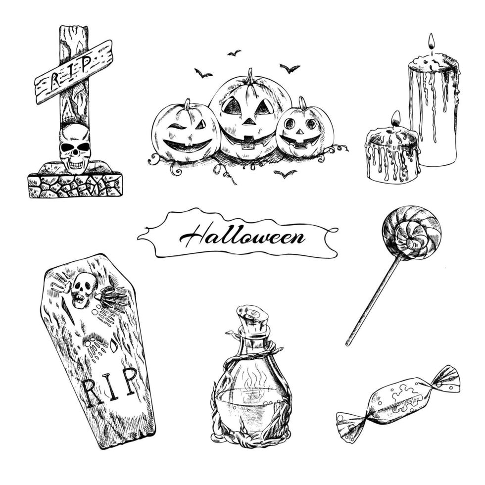 un ensemble d'éléments dessinés à la main pour halloween. potion magique, pierre  tombale, cercueil, bougies, citrouilles, bonbons, sucette. illustration  vectorielle vintage. dessin avec un stylo à encre. 3639447 Art vectoriel  chez Vecteezy