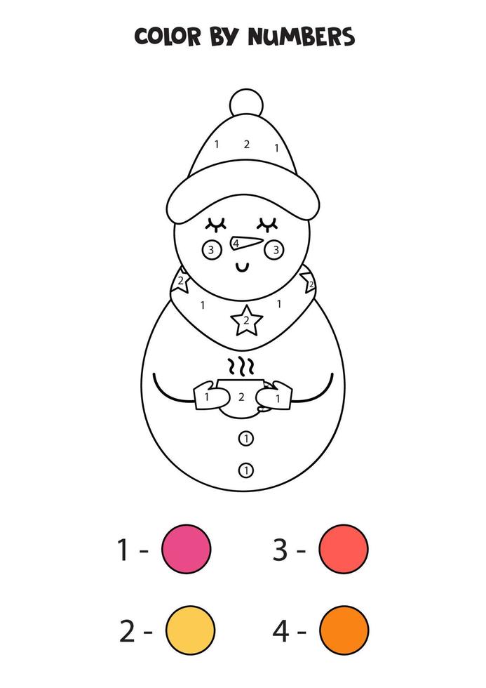 bonhomme de neige de dessin animé mignon de couleur par numéros. feuille de travail pour les enfants. vecteur