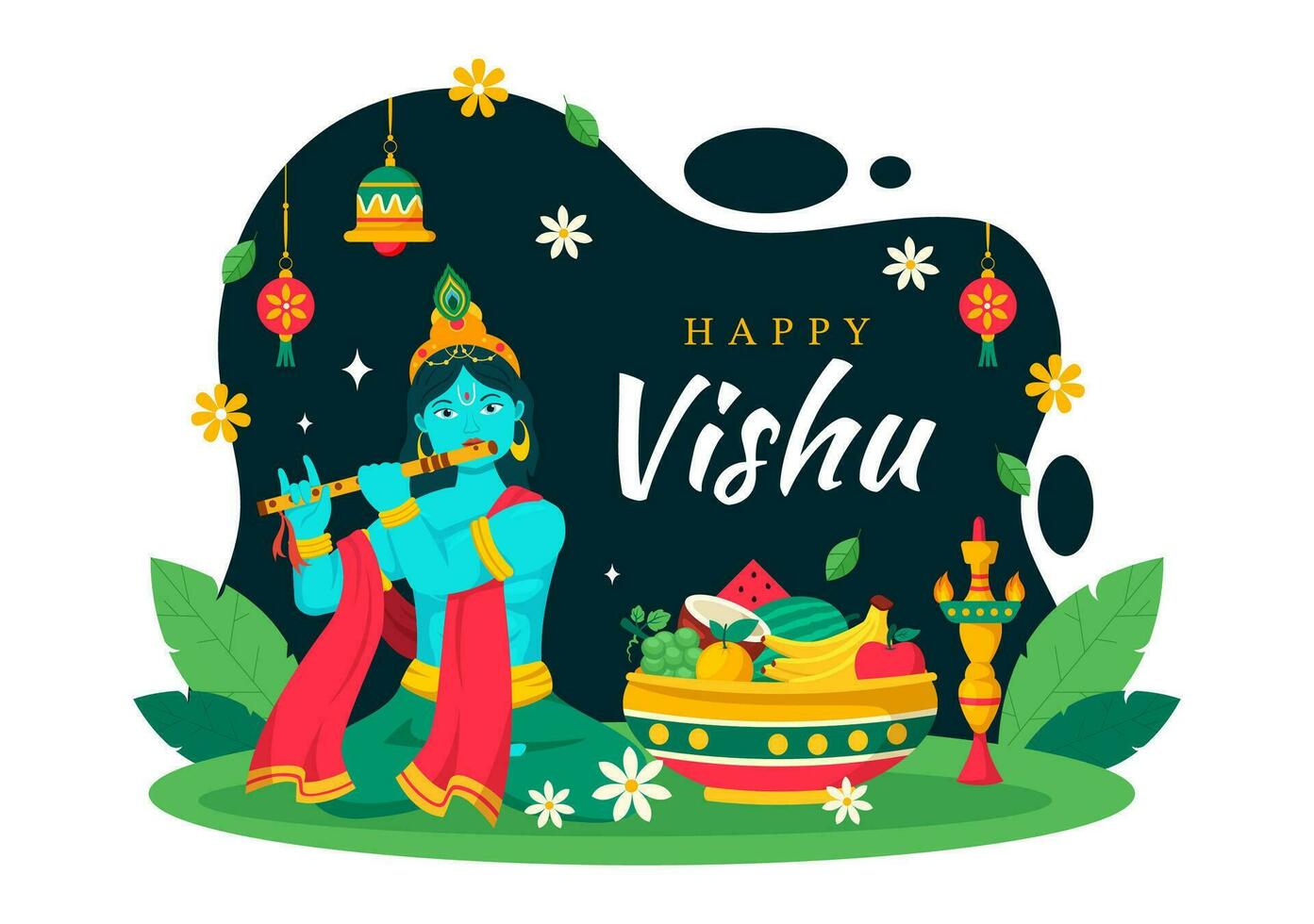 content vishu Festival vecteur illustration avec Krishna, traditionnel Kerala kani, des fruits et des légumes dans nationale vacances plat dessin animé Contexte