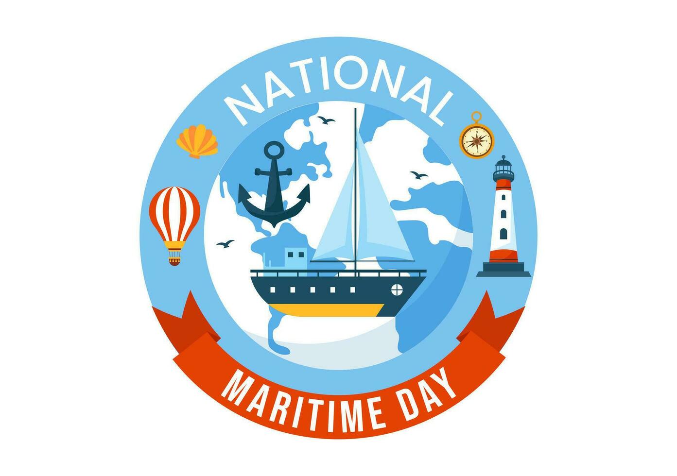 monde maritime journée vecteur illustration avec mer et navire pour livraison sécurité et Sécurité et le Marin environnement dans nautique fête conception