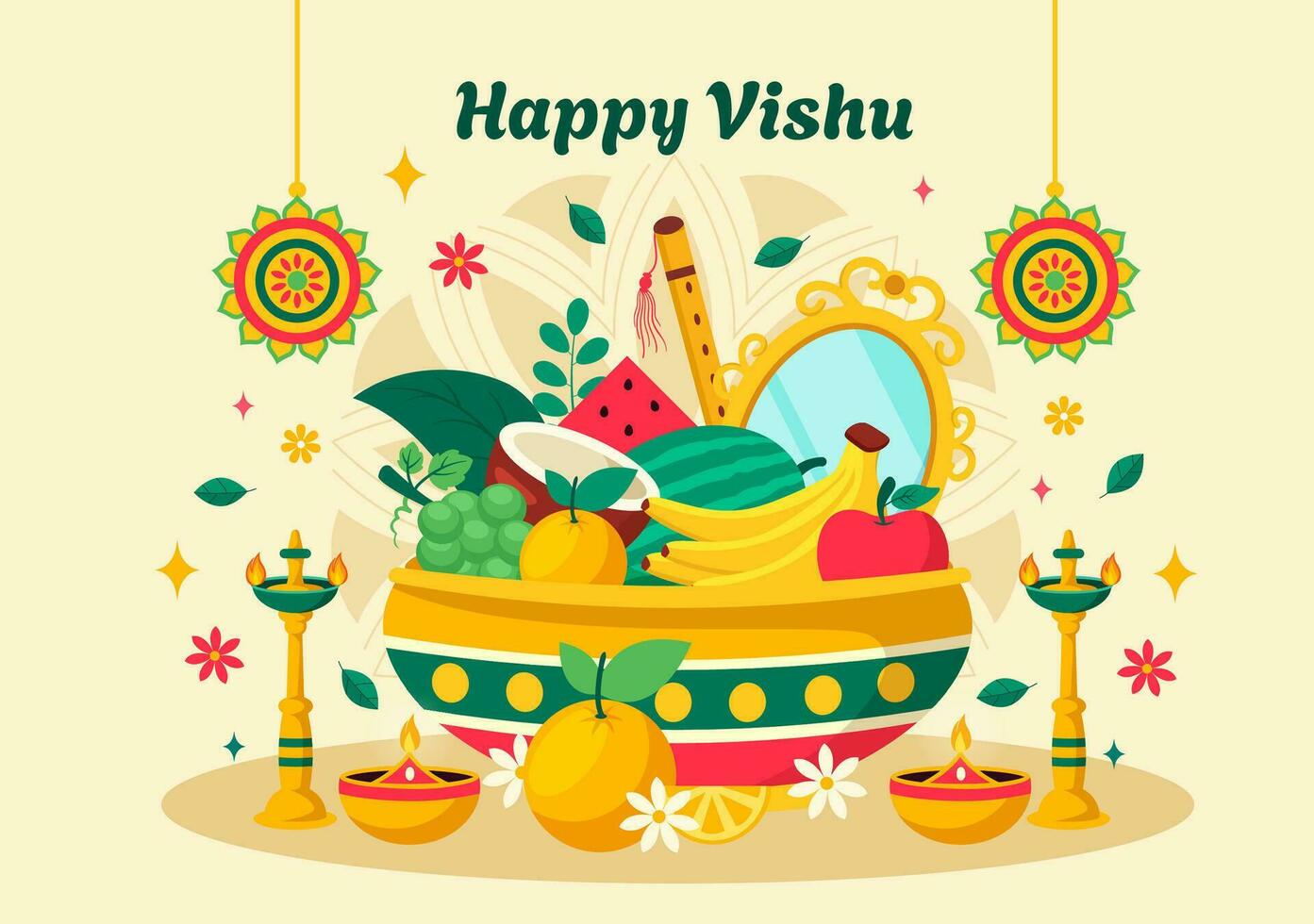 content vishu Festival vecteur illustration avec Krishna, traditionnel Kerala kani, des fruits et des légumes dans nationale vacances plat dessin animé Contexte