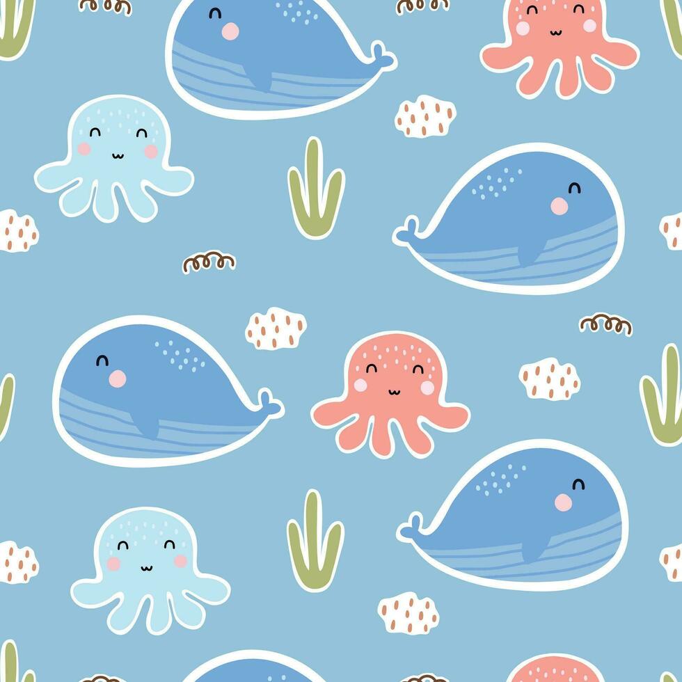 garderie sans couture motifs baleine et calamar dans le mer main tiré conception dans dessin animé style conception pour nouveau née vêtements, textile, et fond d'écran vecteur