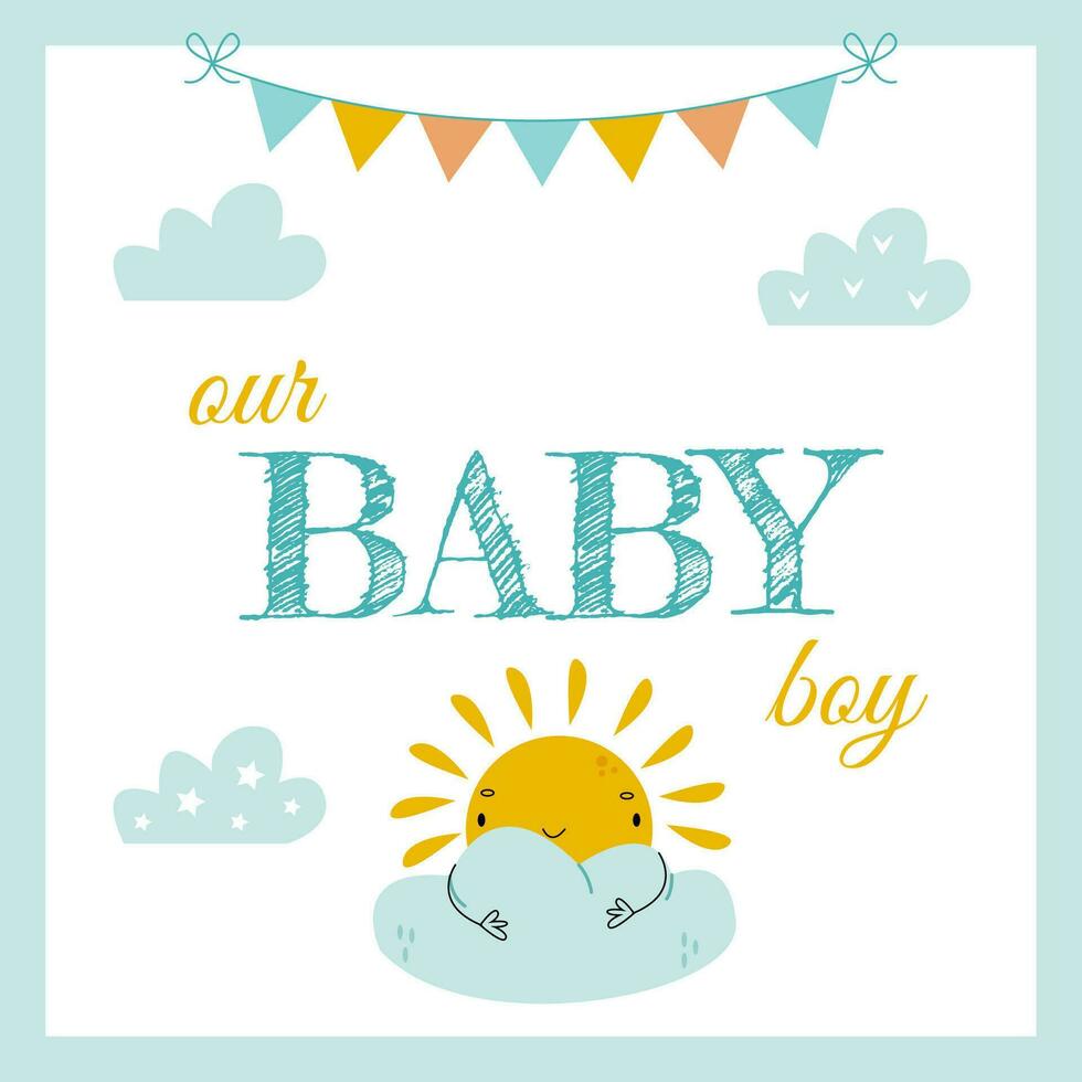 vecteur mignonne salutation carte pour peu nouveau née garçon avec marrant drapeaux et des nuages