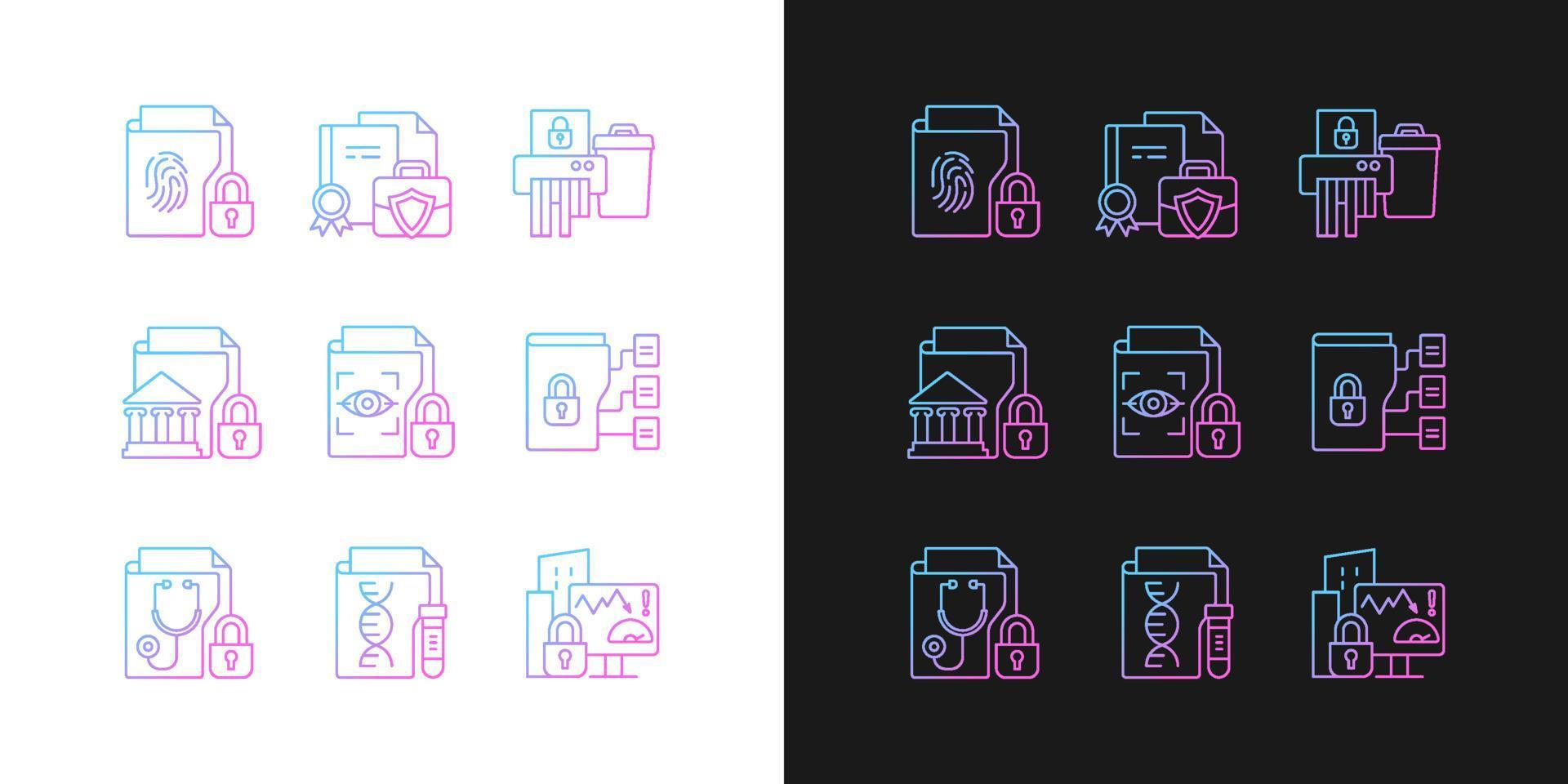 icônes de dégradé de types d'informations confidentielles définies pour les modes sombre et clair vecteur