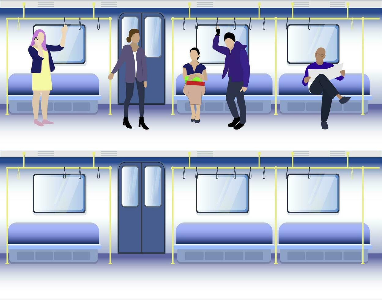 plein et vide souterrain le chariot. se ruer heure et hors pointe dans Publique transport, vecteur métro wagon intérieur avec des places illustration