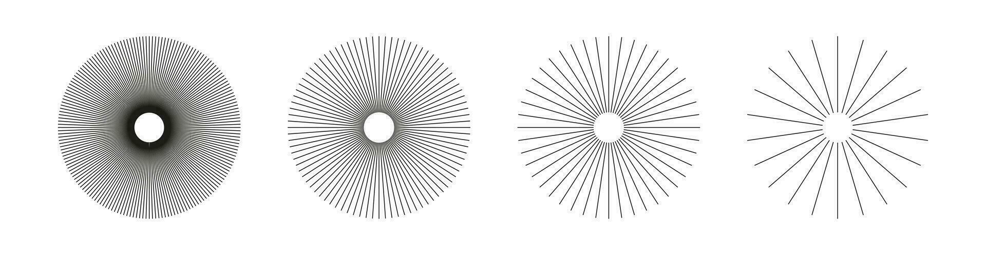 radial cercle lignes. symbole de Soleil étoile des rayons. rayons avec rayonnant rayures grille. ensemble de circulaire lignes éléments. plat conception élément. abstrait illusion géométrique forme. vecteur graphique illustration.