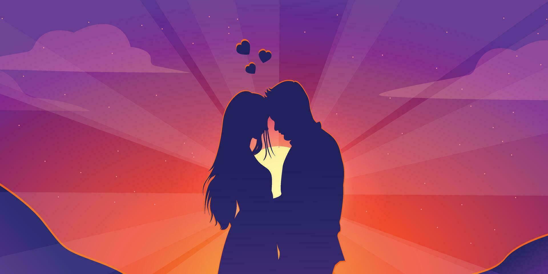 la Saint-Valentin journée carte. silhouette de une couple dans l'amour contre le toile de fond de une le coucher du soleil dans une tropical pays vecteur