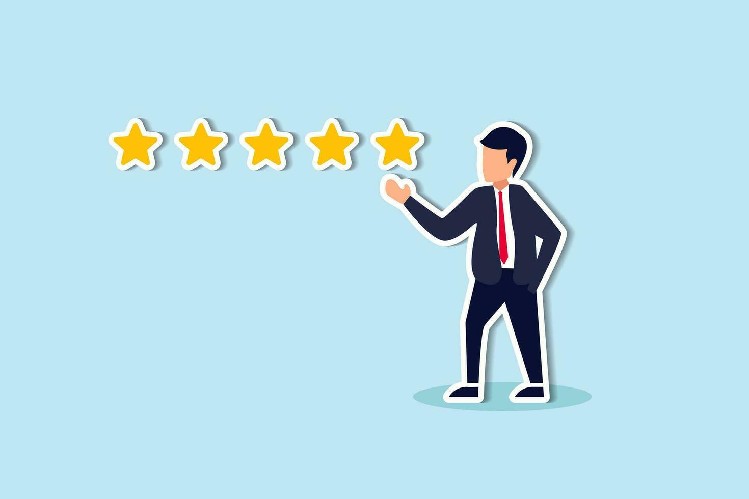 Commentaires des clients Note 5 étoiles, meilleure qualité, évaluation de haute performance d'excellence, classement positif ou concept de réputation et de satisfaction de l'entreprise, homme d'affaires confiant donnant une note de 5 étoiles. vecteur