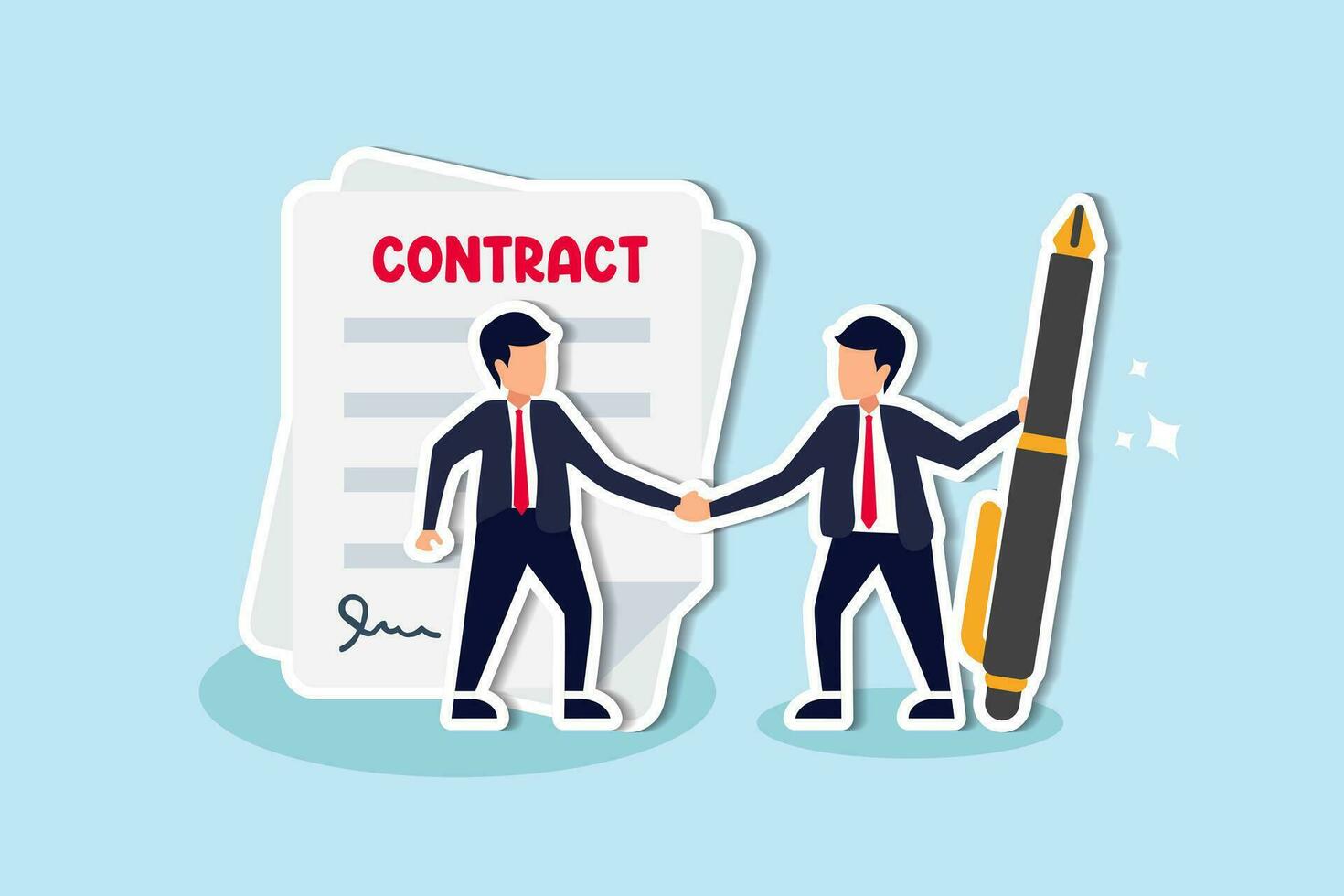 signature de contrat, accord commercial ou partenariat, prêt bancaire, contrat d'investissement ou concept d'accord d'offre d'emploi, poignée de main d'homme d'affaires réussie avec un client tenant un stylo prêt à signer un contrat d'accord vecteur