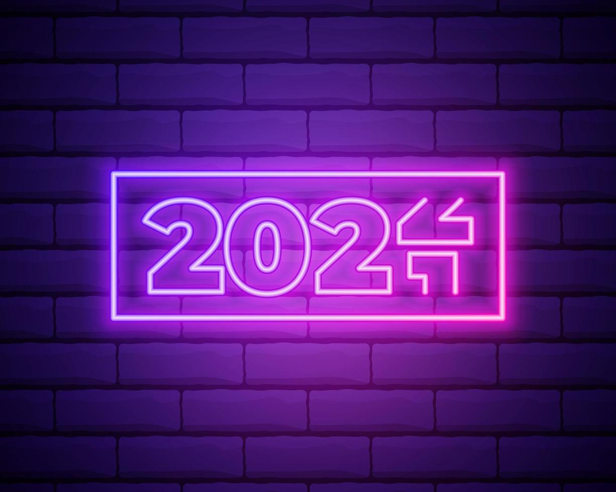 Enseigne au néon 2022. bonne année. numéros de néon roses réalistes sur un mur de briques sombres. vecteur 2022 dans un style linéaire néon.