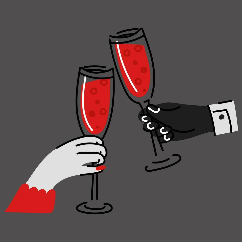 Masculin et femelle mains avec lunettes. mains en portant des lunettes de rouge vin, Champagne. vecteur plat griffonnage illustration. la Saint-Valentin jour, date, en buvant boissons, une couple de lunettes, les amoureux, choquer des lunettes