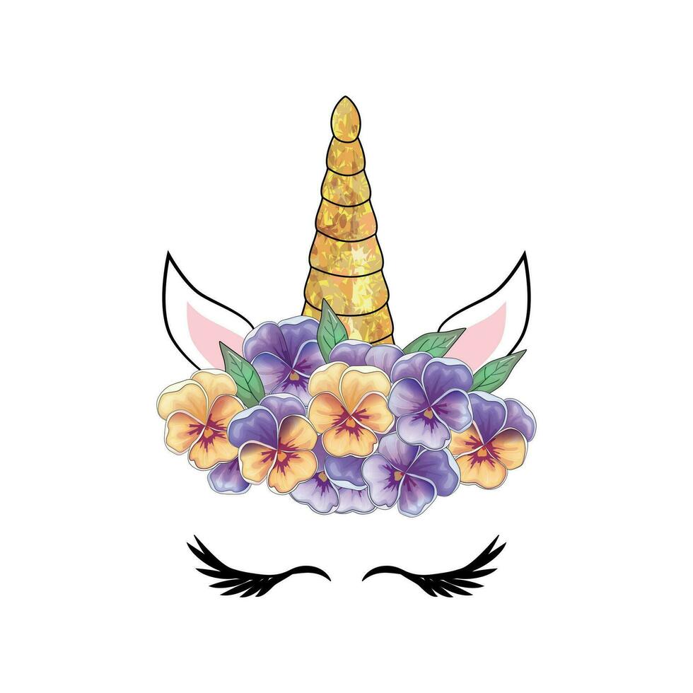 mignonne Licorne tête avec fleur couronne. vecteur