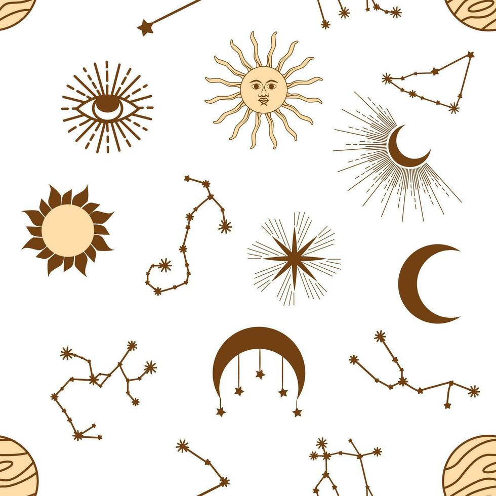 la magie sans couture modèle avec constellations, soleil, lune, la magie yeux, des nuages et étoiles. mystique ésotérique vecteur