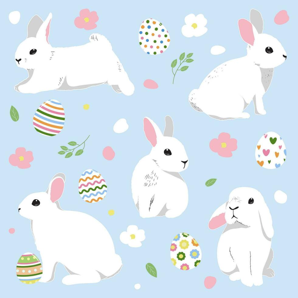 content Pâques journée avec blanc lapin dans différent lapin lapin pose et Pâques des œufs vecteur illustration