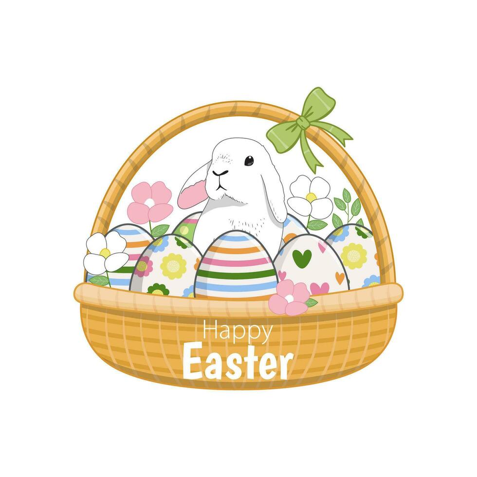 content Pâques journée avec mignonne lapin et des œufs dans une panier vecteur illustration. plat main tiré style