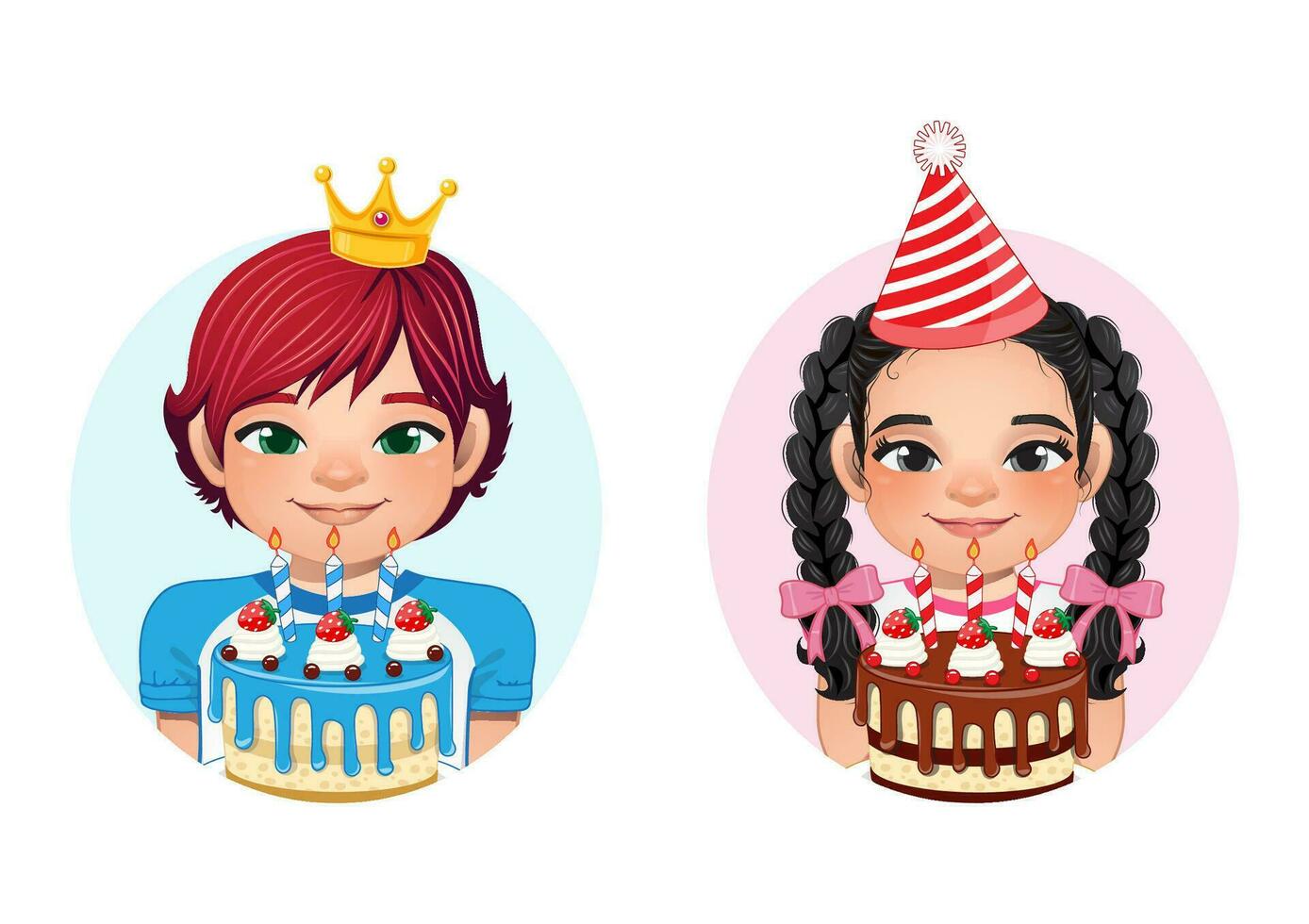 anniversaire garçon et fille en portant gâteau dessin animé personnage et fête chapeau vecteur