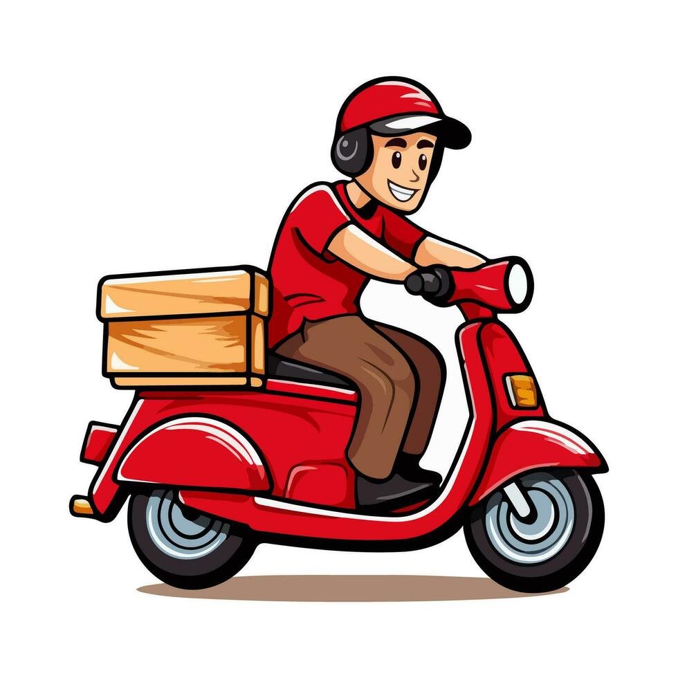 livraison homme équitation une rouge scooter. dessin animé illustration. vecteur illustration isolé sur blanc Contexte.