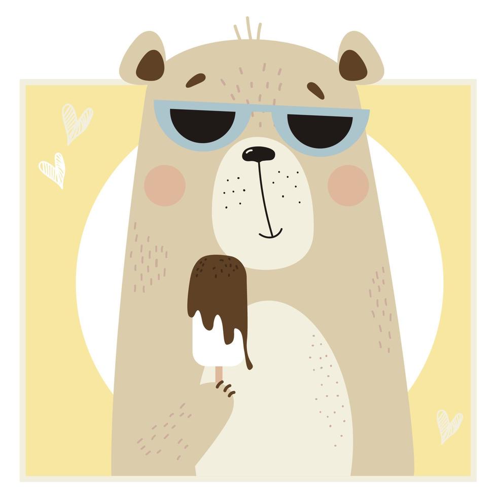 portrait d'ours mignon portant des lunettes de soleil mangeant de la crème glacée au chocolat sur fond lumineux décoratif vecteur