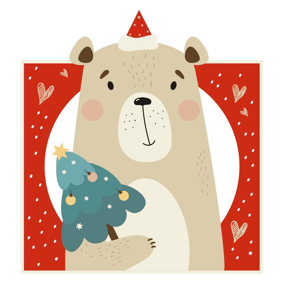 Portrait d'ours du nouvel an d'hiver en bonnet de noel avec arbre de noël vecteur