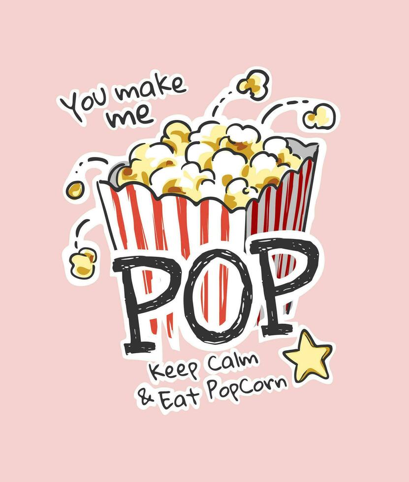 pop slogan avec dessin animé main tiré pop corn vecteur illustration