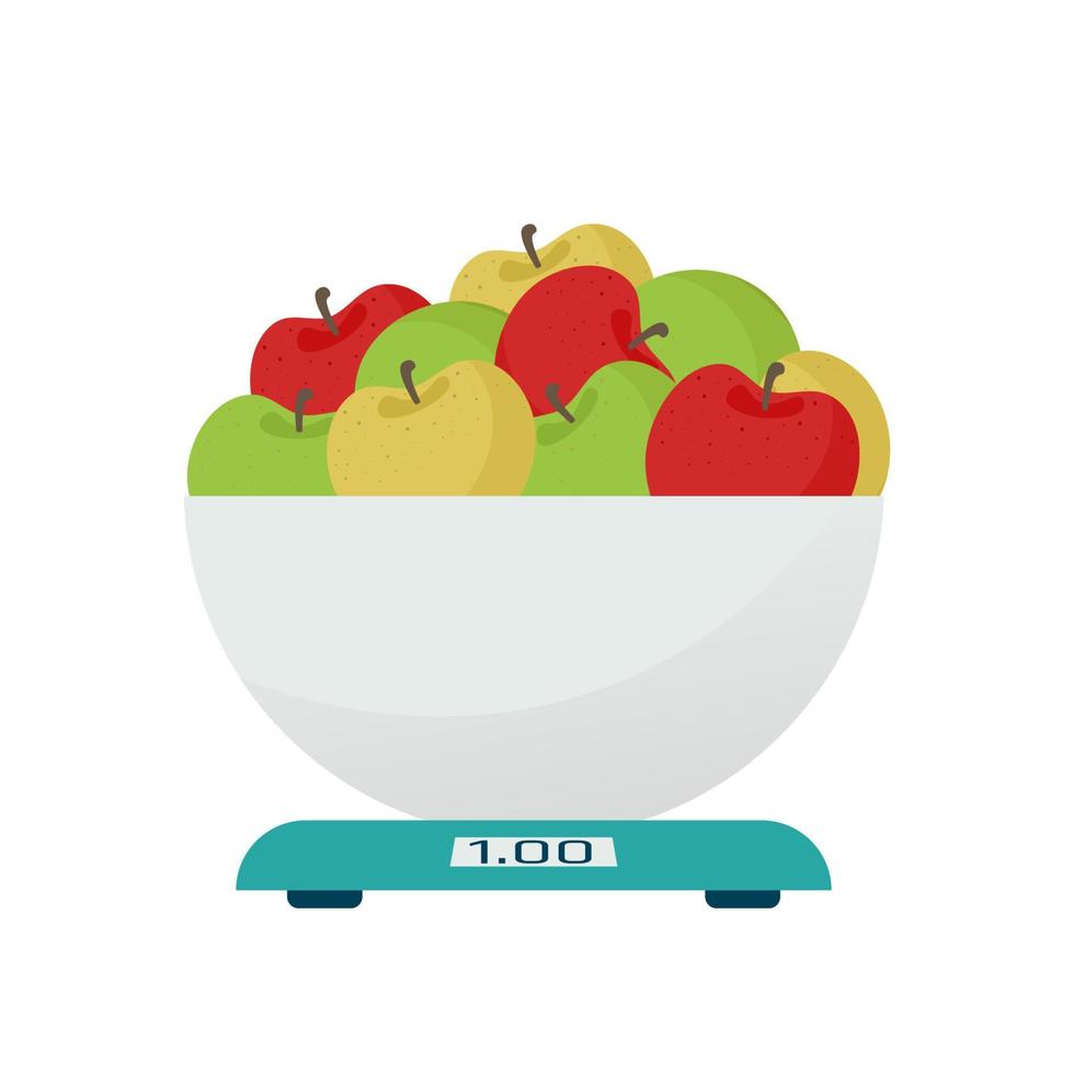 pommes sur des balances de cuisine électroniques. illustration vectorielle dans un style plat, isolé sur fond blanc vecteur