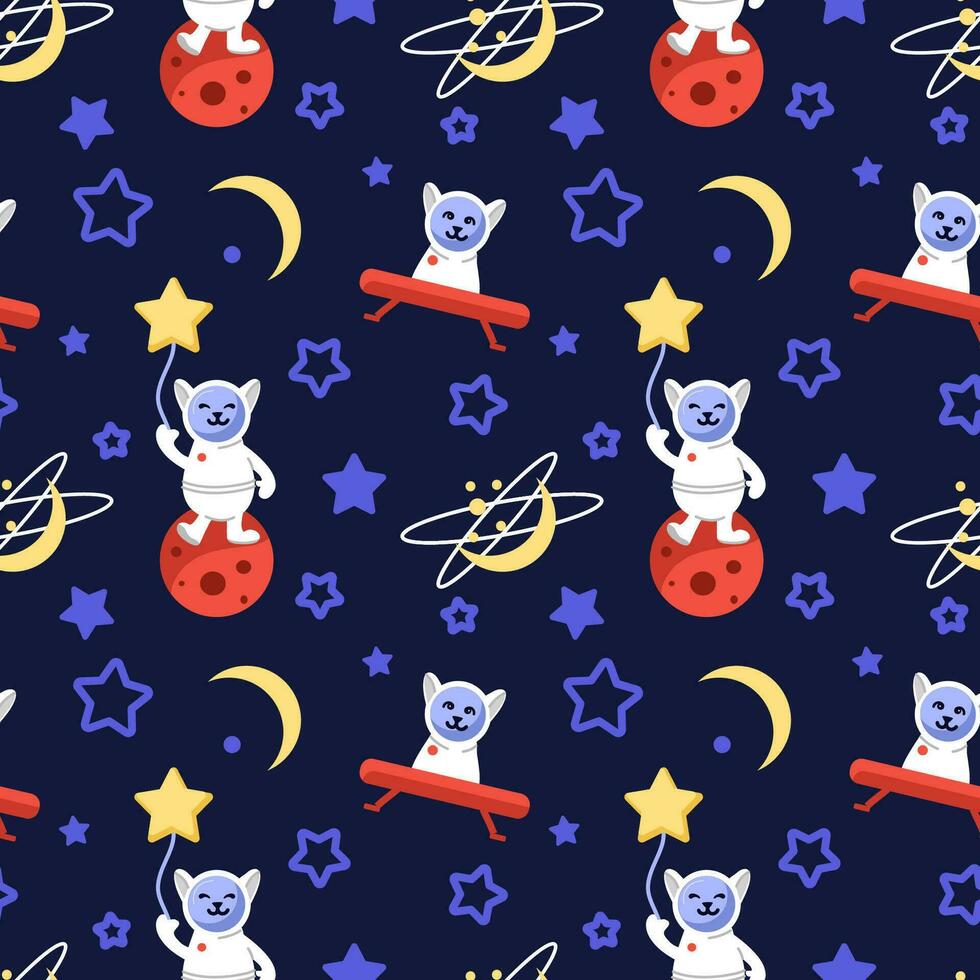 cosmique chat astronaute dans espace modèle, mignonne dessin animé vecteur illustration
