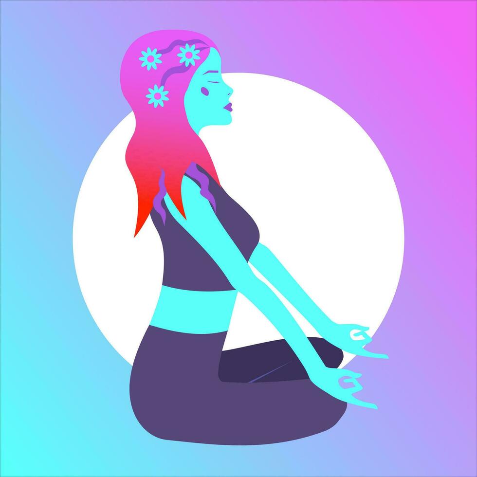 un athlétique fille avec bleu cheveux est pratiquant yoga, méditer, relaxant. une femme est calmant bas, prise se soucier de sa santé et à la recherche après se. plat vecteur illustration
