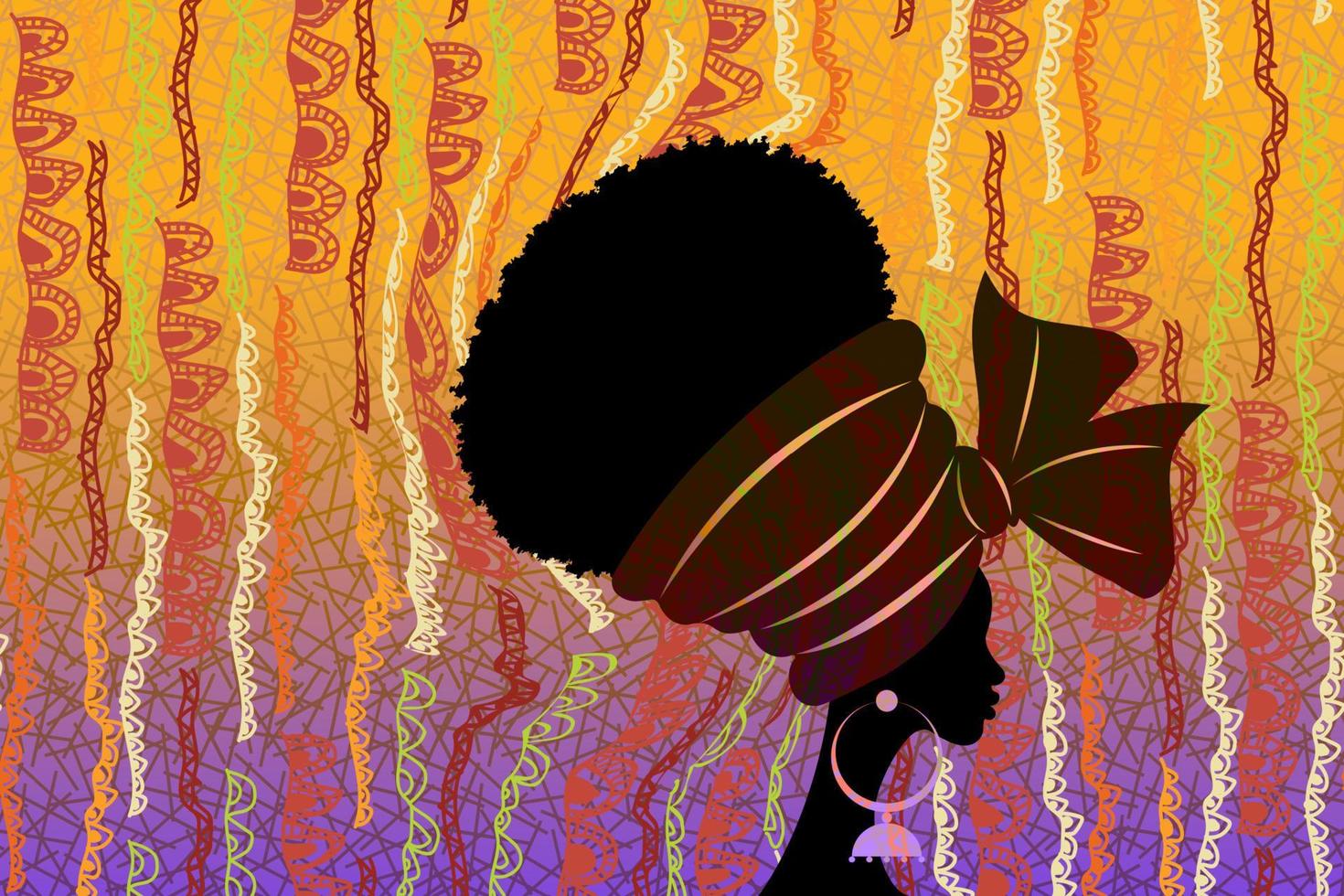 bannière portrait beauté femme africaine en turban traditionnel textile de mariage design tribal fait à la main, enveloppement de tête kente africain, femmes noires cheveux bouclés afro, fond de tissu imprimé ethnique vectoriel