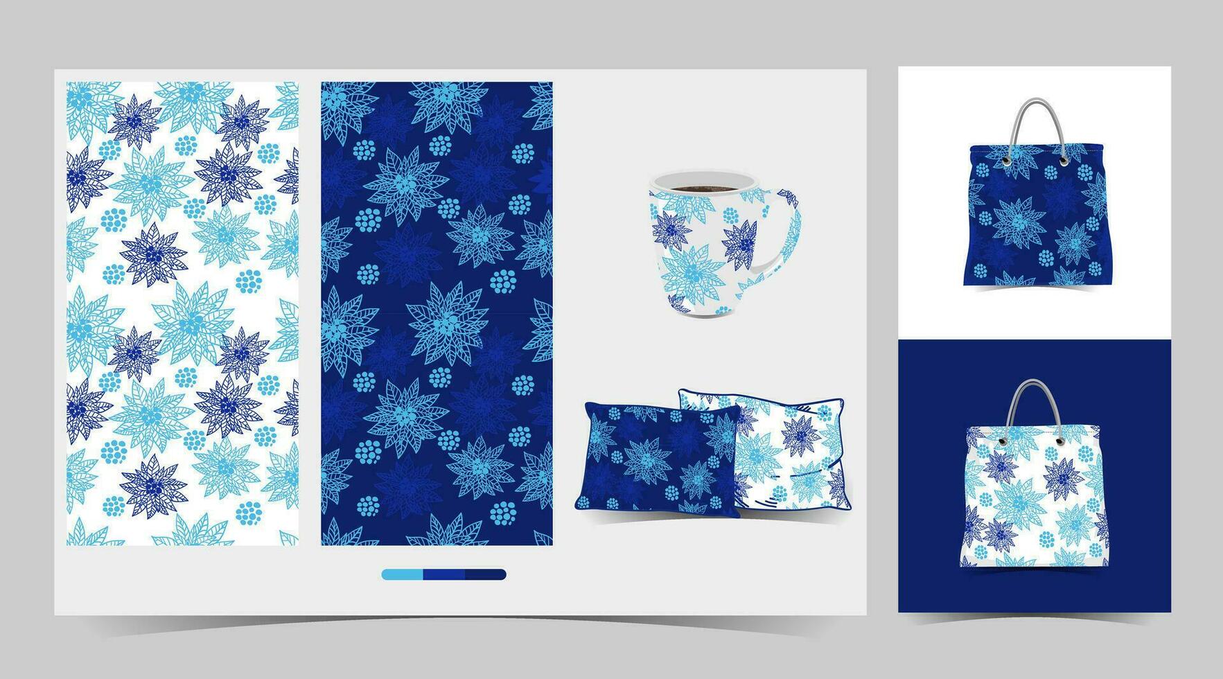 une bleu et blanc modèle floral avec une tasse et sac vecteur