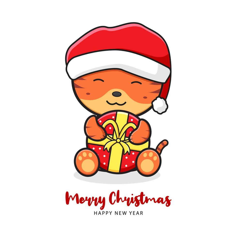 tigre mignon tenant un cadeau de voeux joyeux noël et bonne année illustration de fond de carte doodle dessin animé vecteur