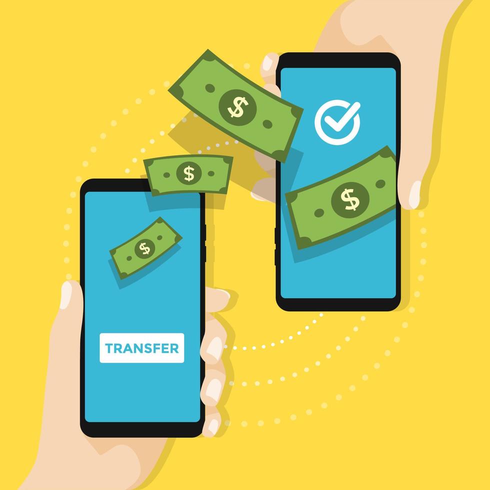 transfert d'argent sur les paiements mobiles à l'aide d'un smartphone. vecteur de main donnant de l'argent d'autre part.