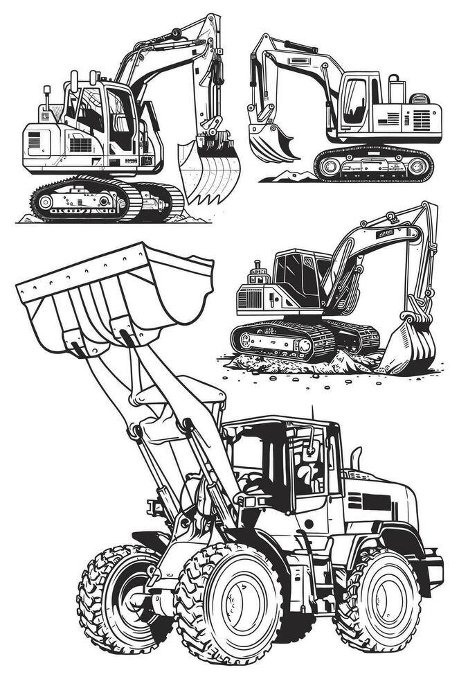 excavatrice, excavateur et chargeur. ensemble de vecteur illustrations.