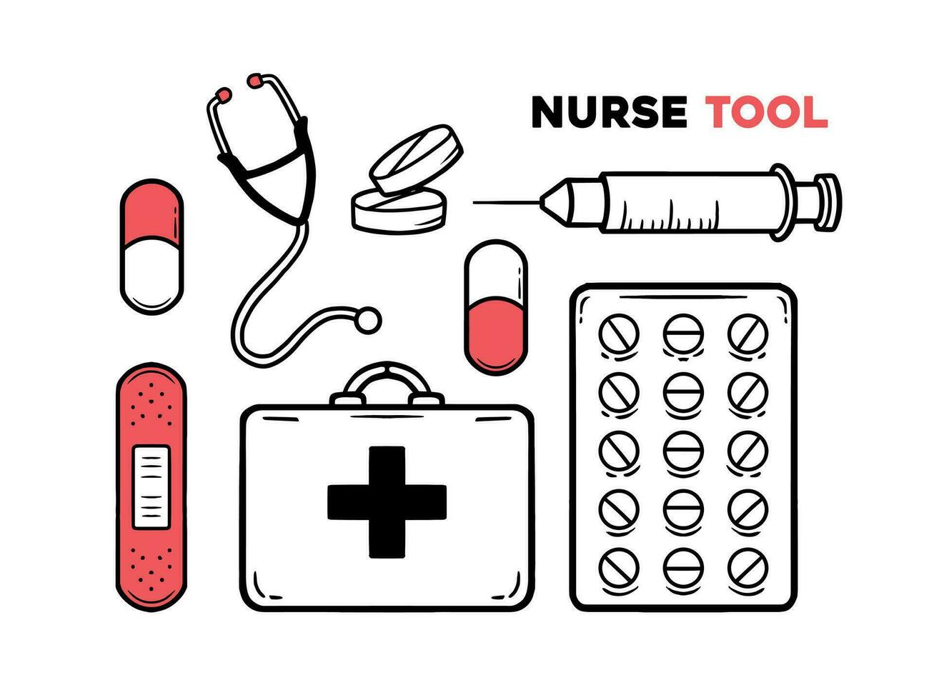 infirmière outils ensemble main tiré illustration vecteur