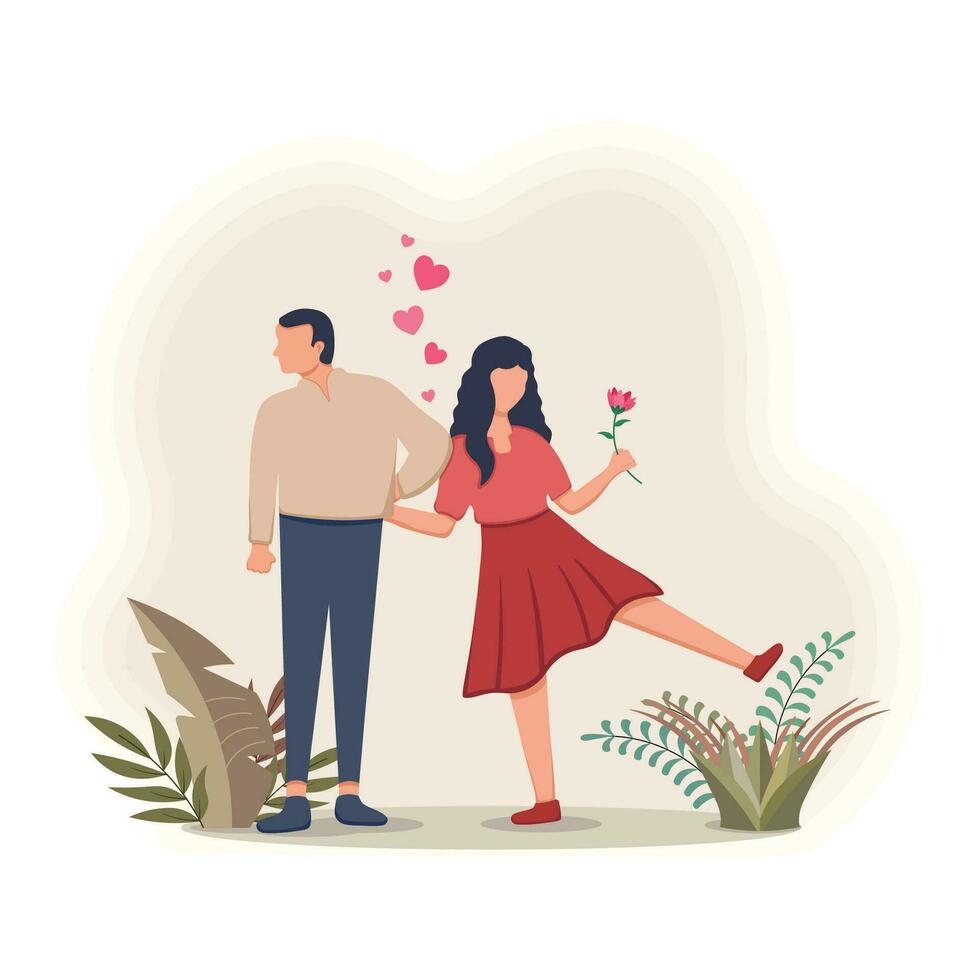 plat conception illustration de content aimant couple, femme en portant magnifique fleur vecteur