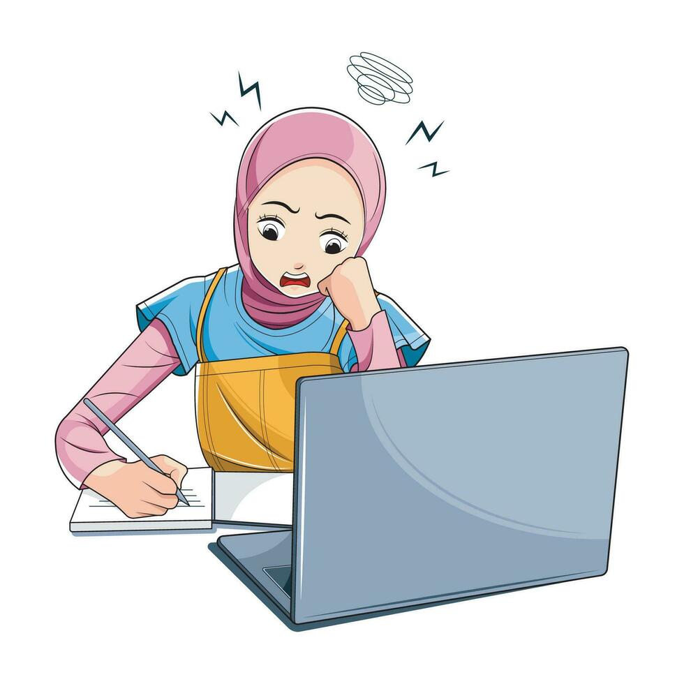 éducation concept. ennuyé étudiant dans hijab fatigué de apprentissage Faire devoirs en utilisant portable. vecteur illustration