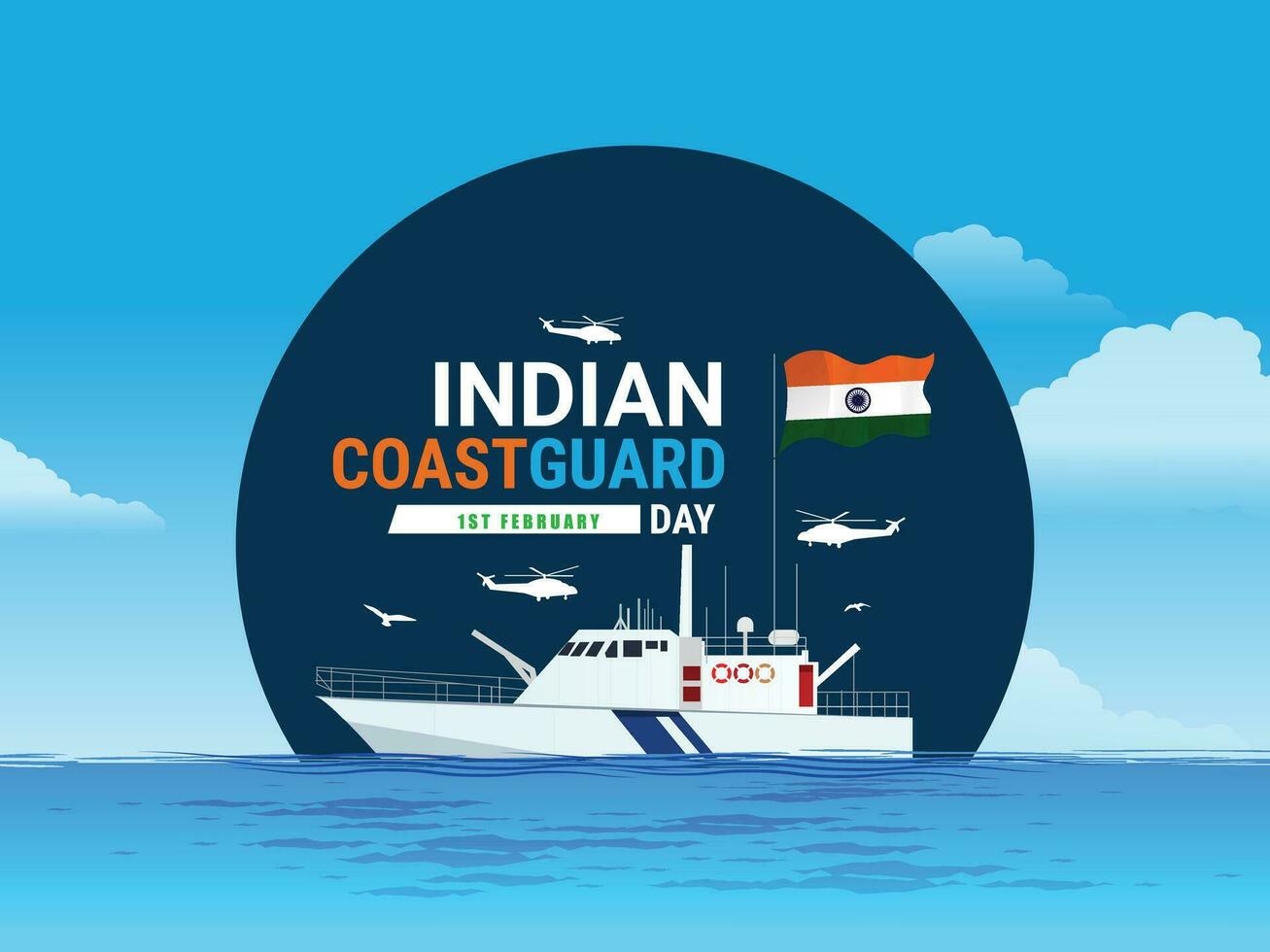 Indien côte garde journée est observé sur 1 février chaque année à honneur le important rôle cette le organisation pièces modifiable vecteur illustration, Indien côte garde patrouiller surveillance bateaux