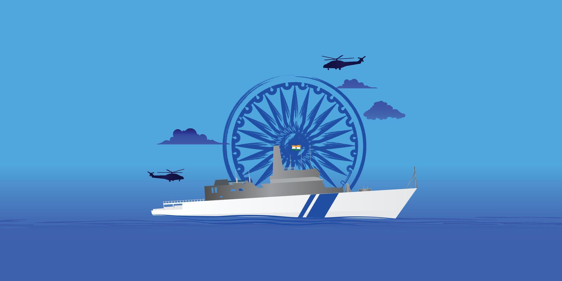 Indien côte garde journée est observé sur 1 février chaque année à honneur le important rôle cette le organisation pièces modifiable vecteur illustration, Indien côte garde patrouiller surveillance bateaux