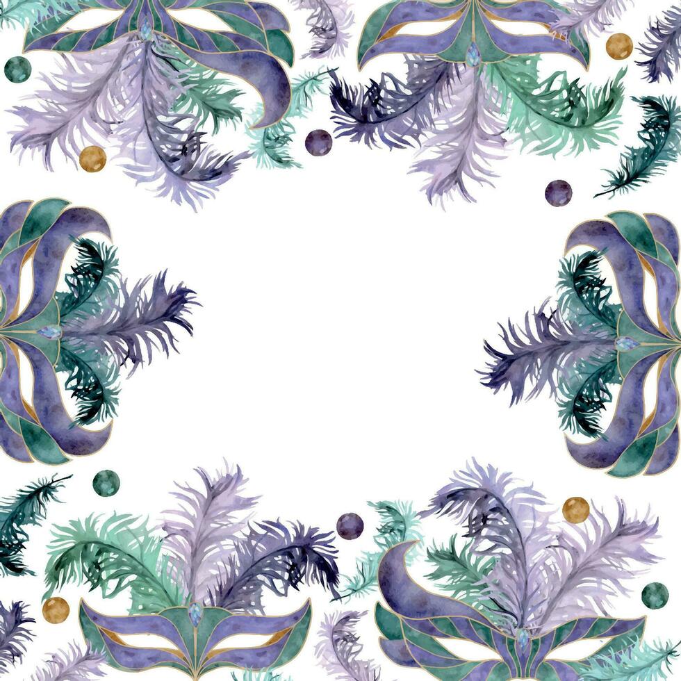 main tiré aquarelle mardi gras carnaval symboles. théâtre mascarade cirque masque avec plumes perles, or violet vert. carré Cadre isolé sur blanc Contexte. conception fête invitation imprimer, magasin vecteur