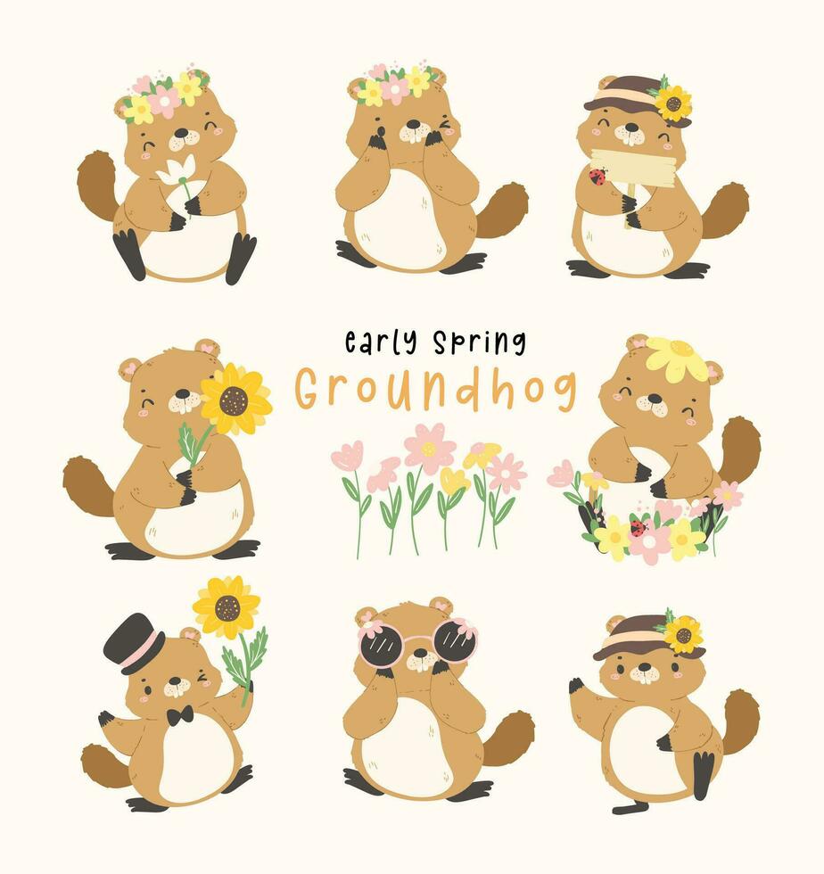 mignonne marmotte printemps animal ensemble dessin animé main dessin, content marmotte journée Bienvenue de bonne heure printemps collection. vecteur