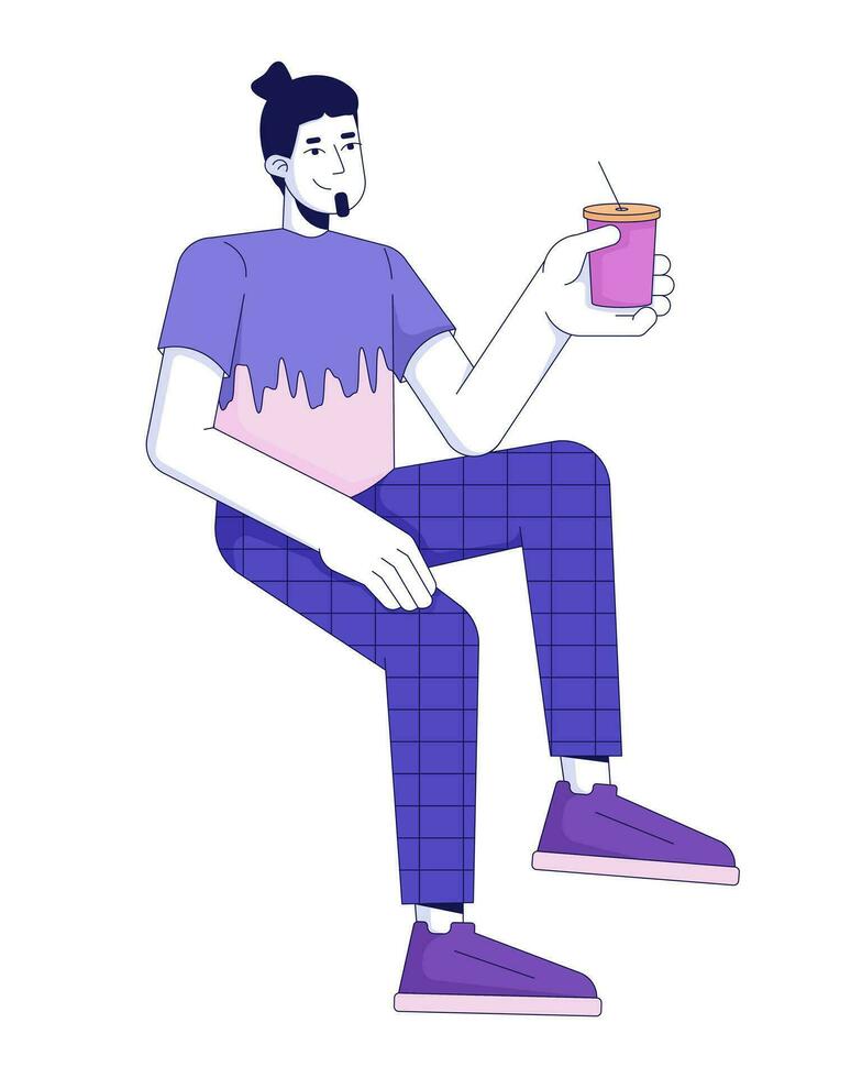 souriant caucasien homme effrayant avec boisson 2d linéaire dessin animé personnage. détendu gars en portant cocktail à votre santé isolé ligne vecteur la personne blanc Contexte. froussard insouciant Couleur plat place illustration