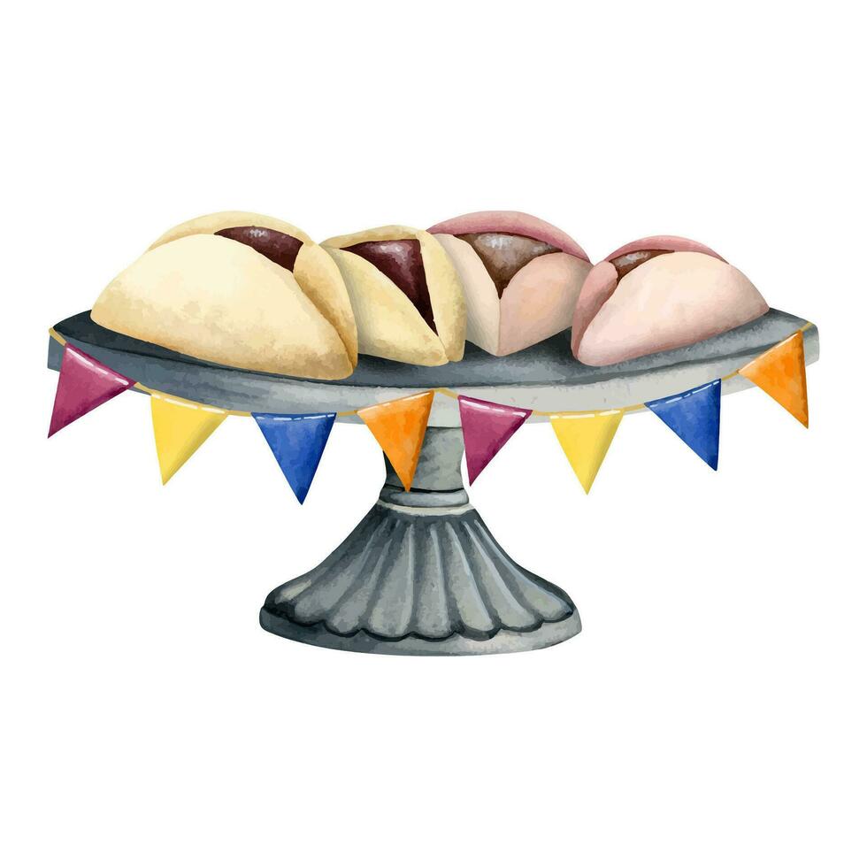 pourim hamantaschen Triangle biscuits sur supporter avec de fête coloré fête drapeaux vecteur aquarelle illustration pour juif vacances Pâtisserie.